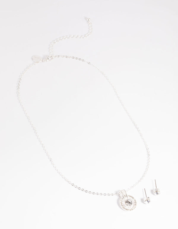 Silver Diamante Round Necklace and Earrings Set