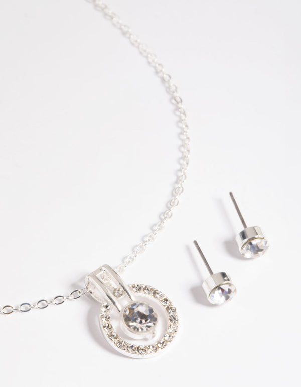 Silver Diamante Round Necklace and Earrings Set