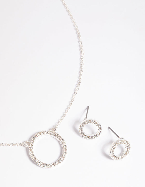 Silver Circle Diamante Necklace and Earrings Set