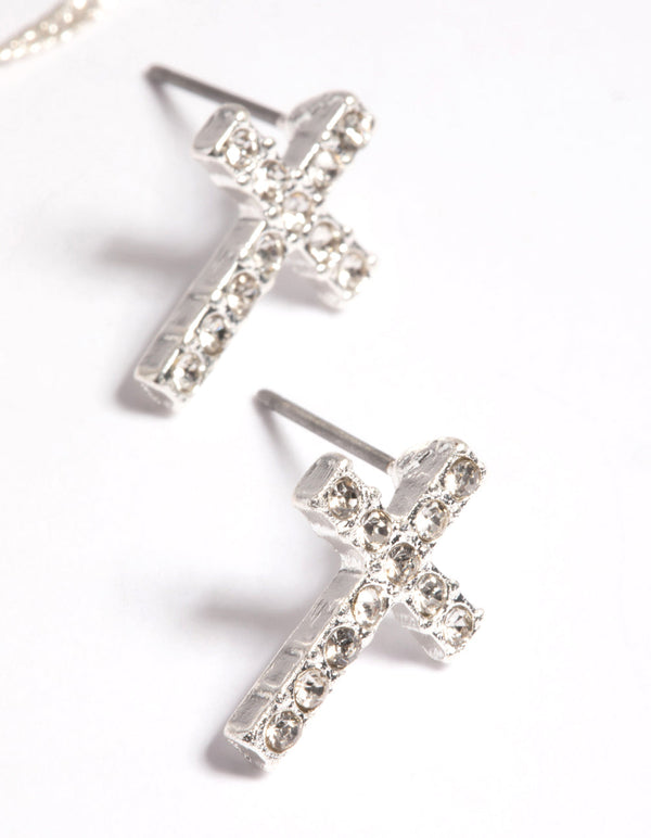 Silver Diamante Cross Necklace and Earrings Set