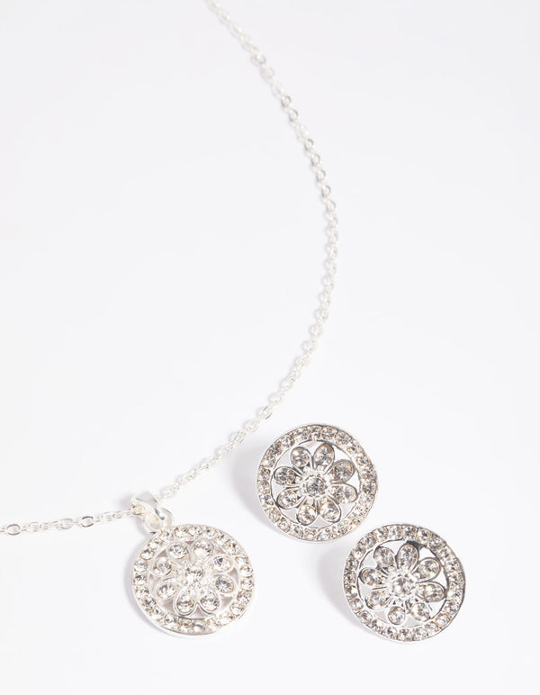 Diamante Flower Pave Necklace and Earrings Set