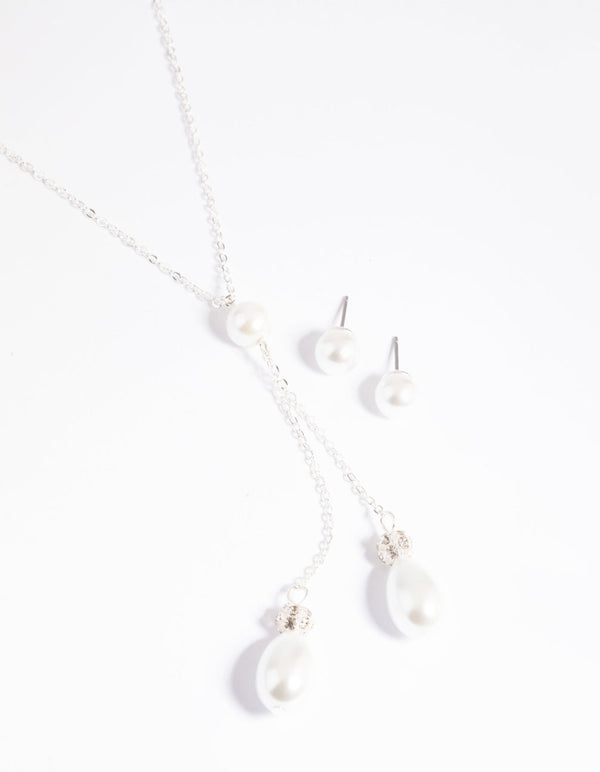 Silver Pearl Necklace and Earrings Set