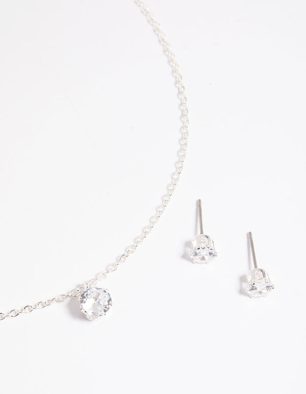 Silver Dainty Diamante Necklace and Earrings Set