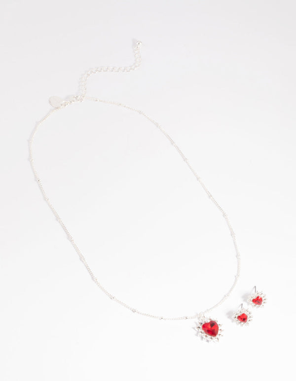 Red Heart Stone Necklace and Earrings Set