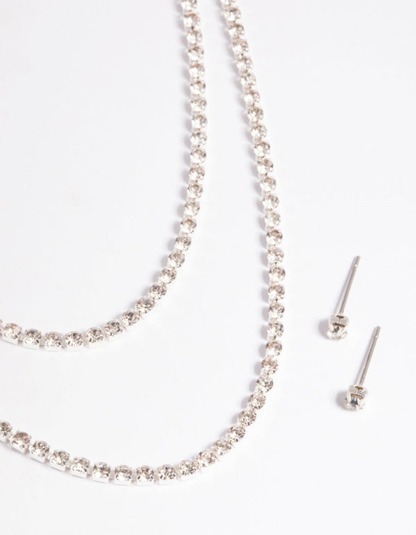 Silver Diamante Layered Necklace and Earrings Set
