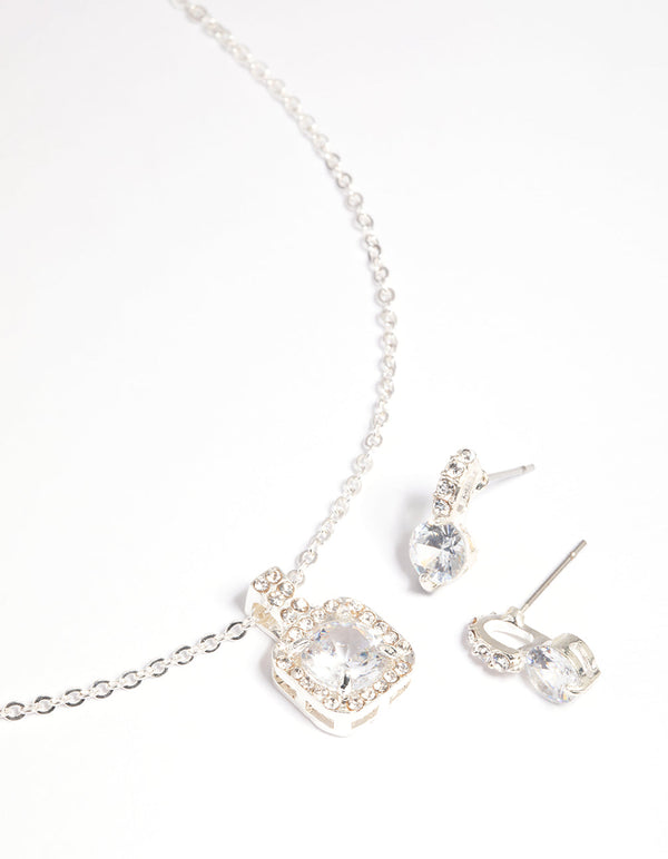 Silver Diamante Cushion Cut Necklace and Earrings Set