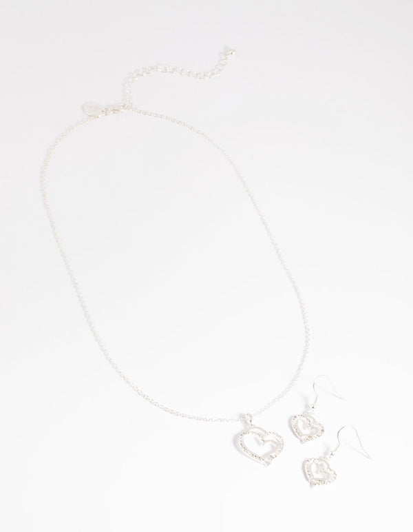 Silver Diamante Heart Necklace and Earrings Set