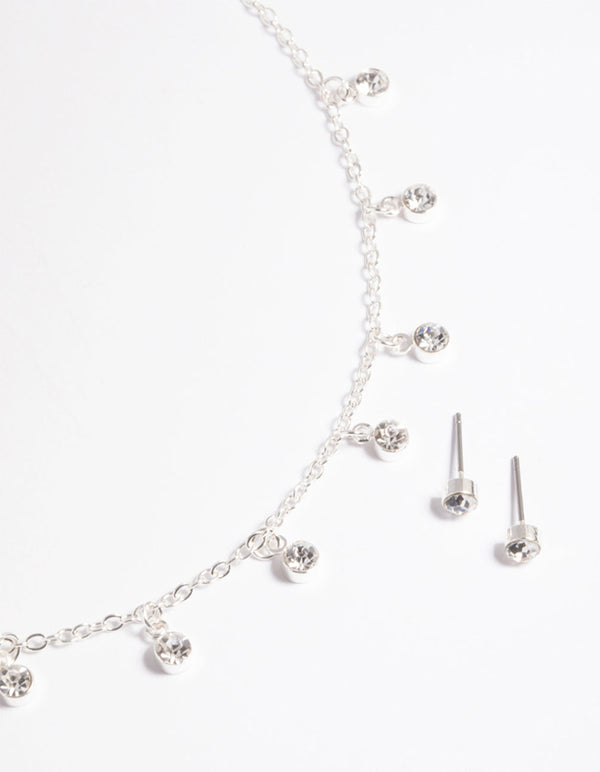 Silver Diamante Droplets Necklace and Earrings Set
