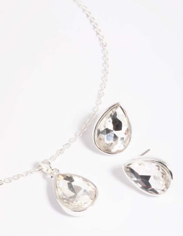 Silver Diamante Pear Necklace and Earrings Set