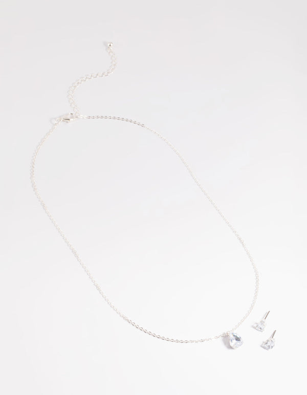 Silver Diamante Pear Necklace and Earrings Set