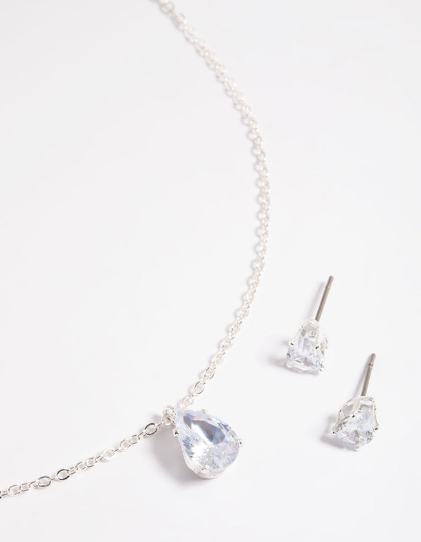 Silver Diamante Pear Necklace and Earrings Set