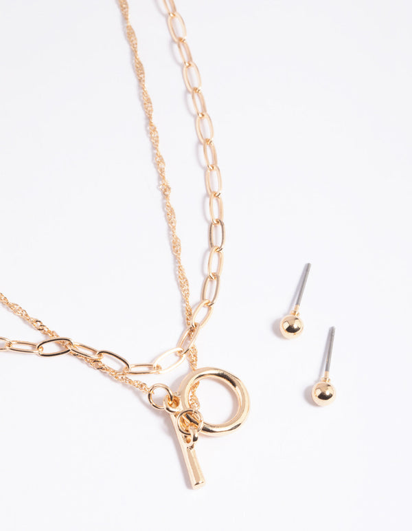 Gold Fob Necklace and Earrings Set