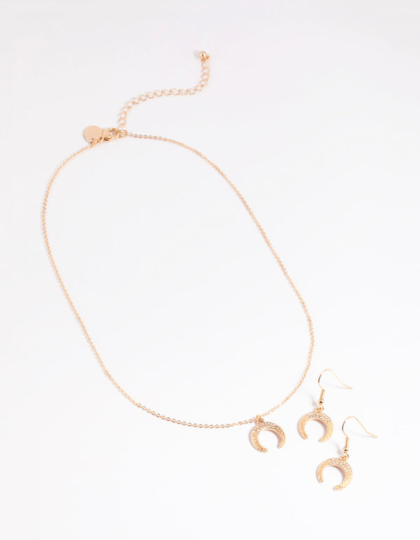 Gold Crescent Diamante Necklace and Earrings Set