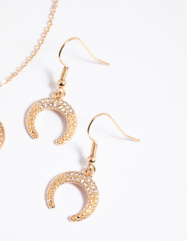 Gold Crescent Diamante Necklace and Earrings Set