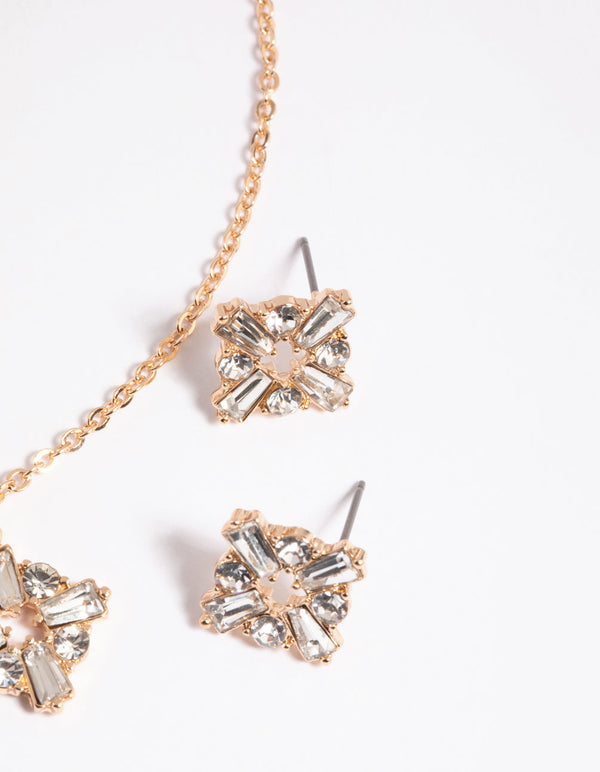 Gold Square Diamante Necklace and Earrings Set