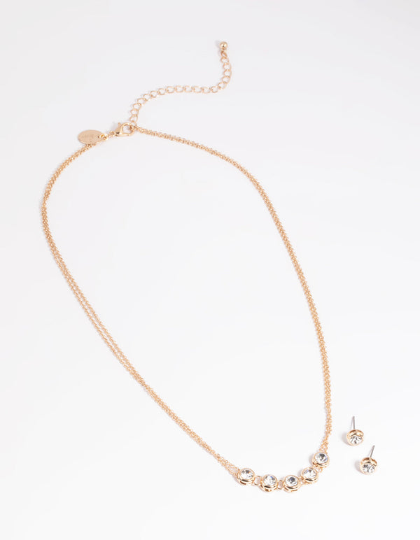 Gold Diamante Chain Necklace and Earrings Set