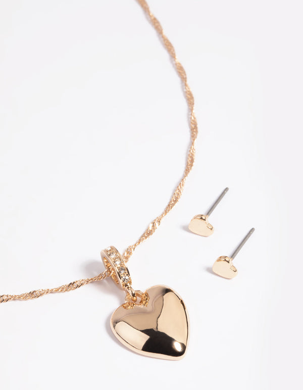 Gold Diamante Heart Necklace and Earrings Set