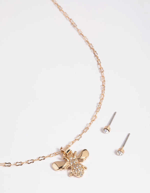 Gold Diamante Bee Necklace and Earrings Set