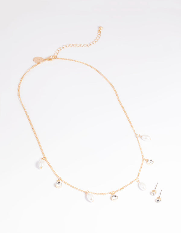 Gold Pearl Diamante Droplet Necklace and Earrings Set