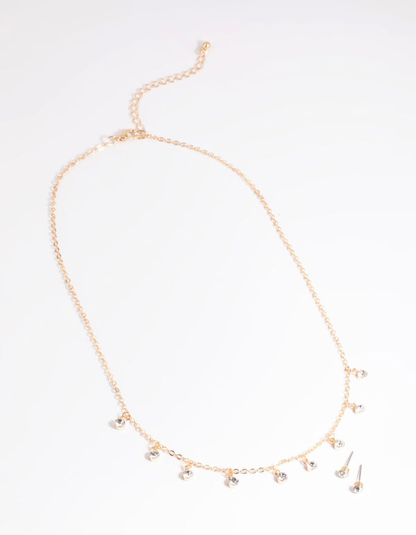 Gold Diamante Droplet Necklace and Earrings Set