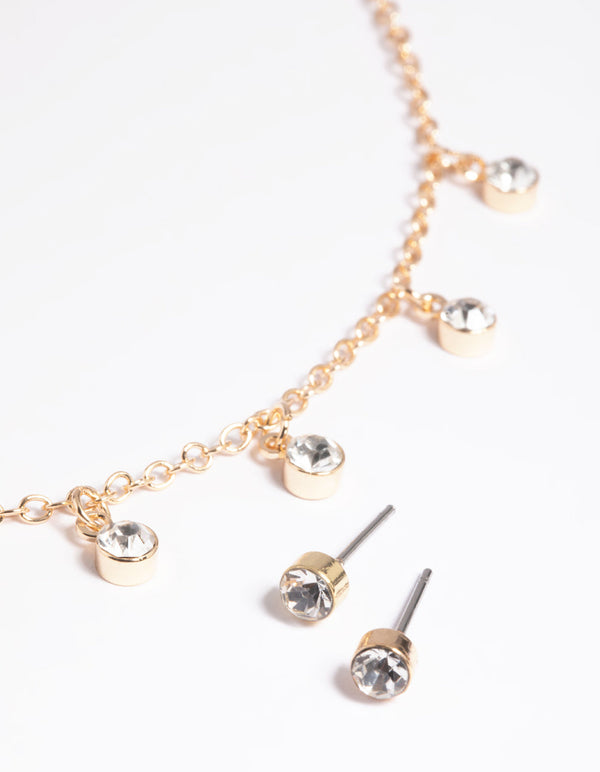 Gold Diamante Droplet Necklace and Earrings Set