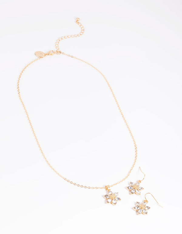 Gold Diamante Flower Necklace and Earrings Set