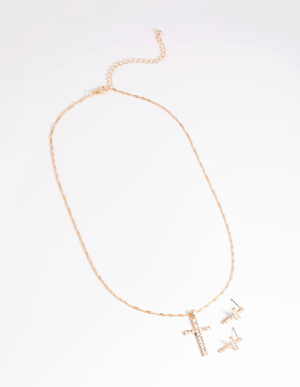 Gold Diamante Cross Necklace and Earrings Set