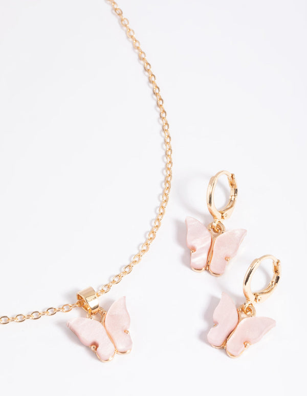 Pink Butterfly Necklace and Earrings Set