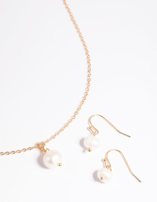 Gold Pearl Necklace and Earrings Set