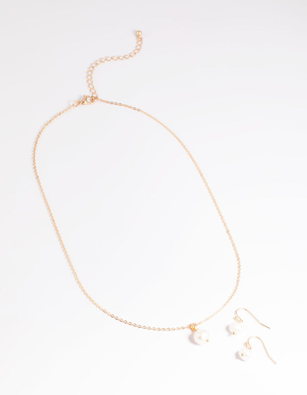 Gold Pearl Necklace and Earrings Set