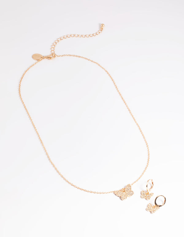 Gold Diamante Butterfly Necklace and Huggie Earrings Set