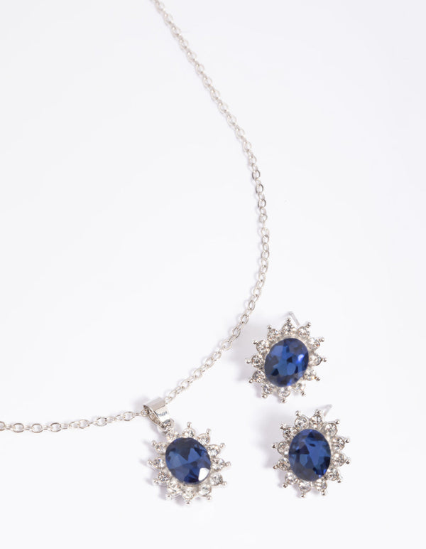 Navy Princess Stone Necklace and Earrings Set