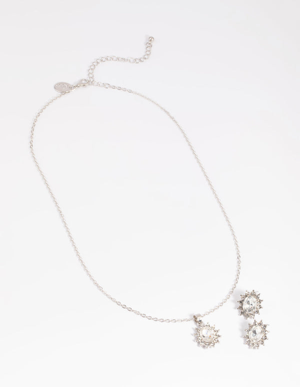 Rhodium Diamante Princess Stone Necklace and Earrings Set