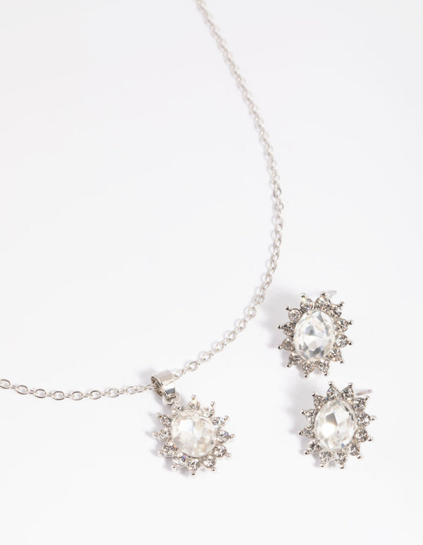 Rhodium Diamante Princess Stone Necklace and Earrings Set