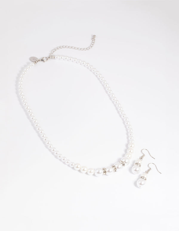 Rhodium Pearl Diamante Necklace and Earrings Set