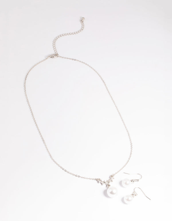 Rhodium Pearl Diamante Statement Necklace and Earrings Set