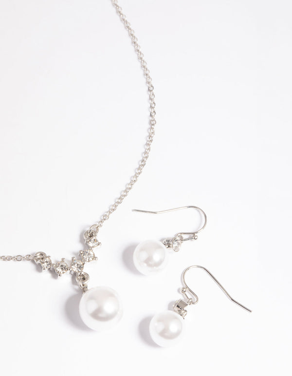 Rhodium Pearl Diamante Statement Necklace and Earrings Set
