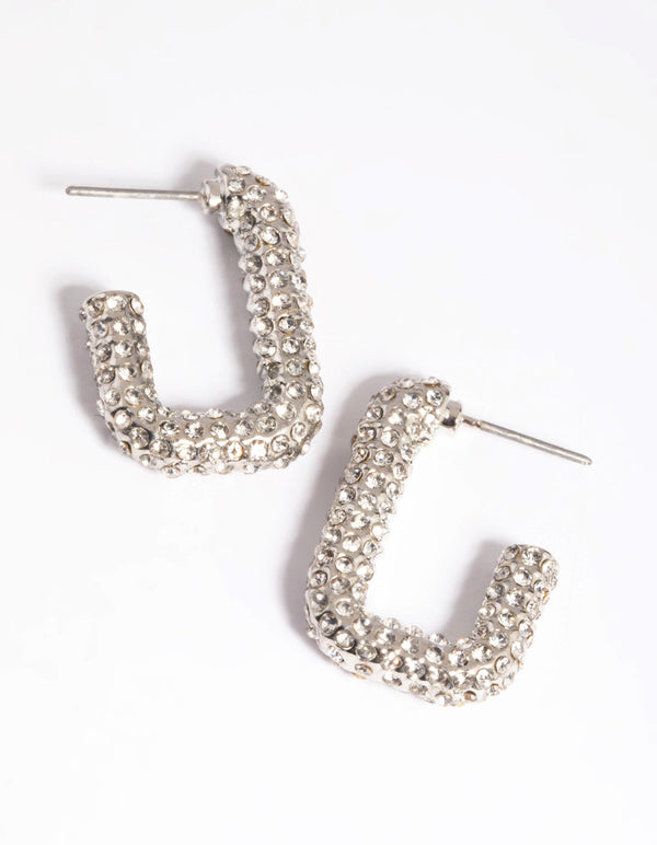 Silver Diamante Rectangular Huggie Hoop Earrings