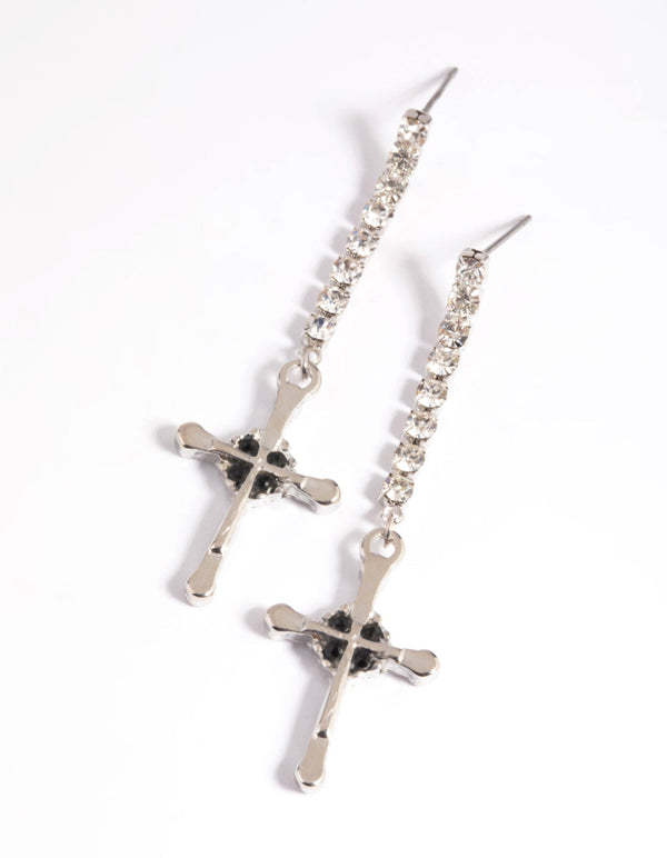 Silver Diamante Cross Drop Earrings