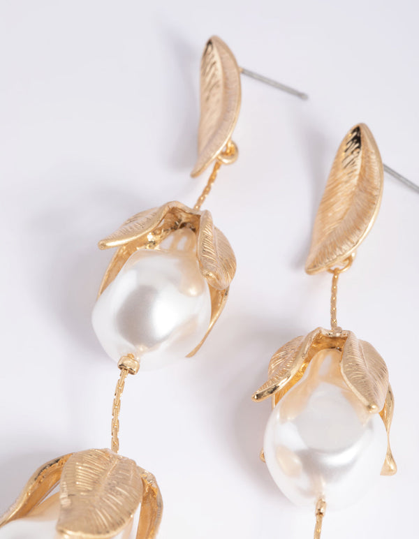 Gold Pearl and Flower Drop Earrings