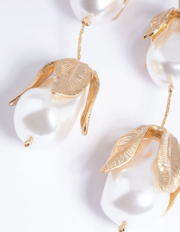 Gold Pearl and Flower Drop Earrings