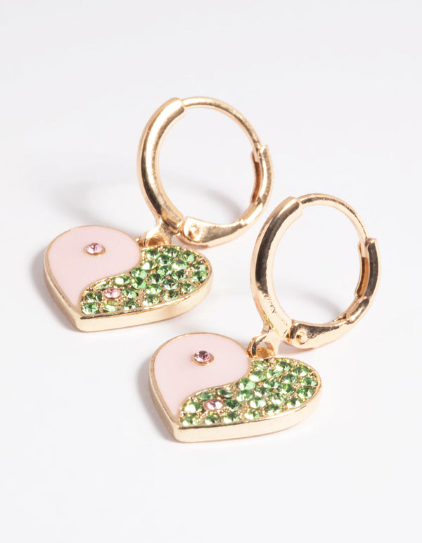 Pink Yin Yang Heart Huggie Hoop Earrings