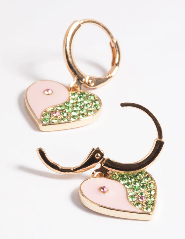 Pink Yin Yang Heart Huggie Hoop Earrings