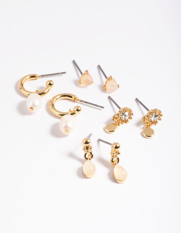 Gold Plated Rose Quartz and Freshwater Pearl Earring Stack Pack
