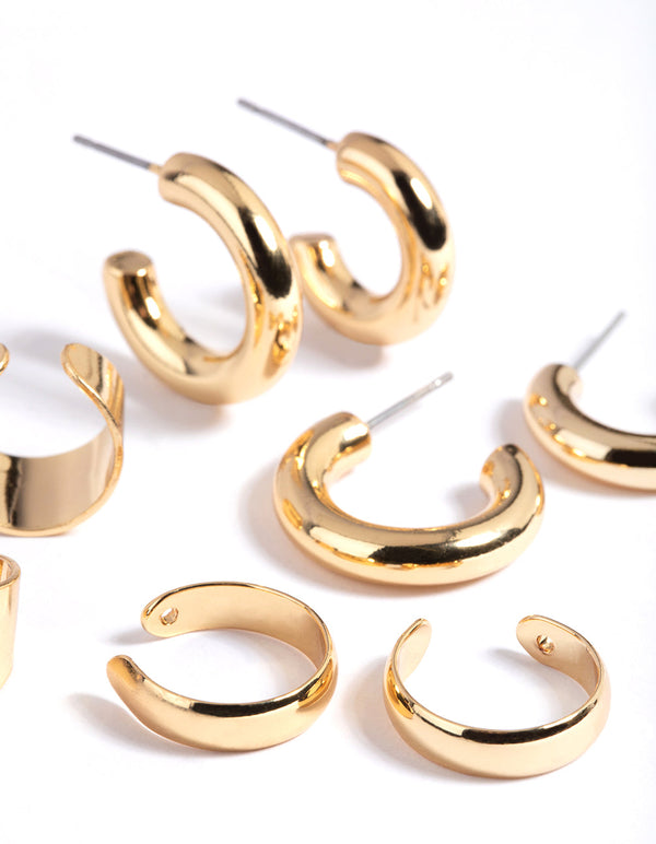 Gold Plated Cuff and Huggie Statement Earring Stack Pack