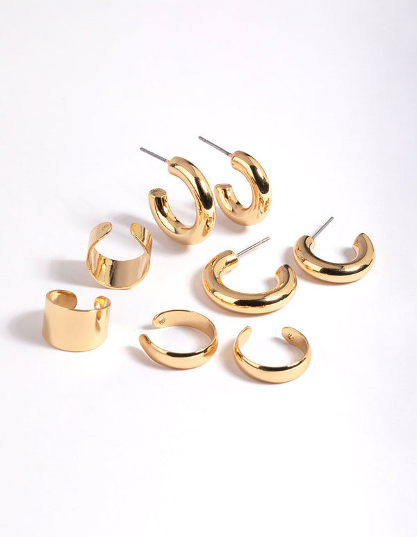 Gold Plated Cuff and Huggie Statement Earring Stack Pack