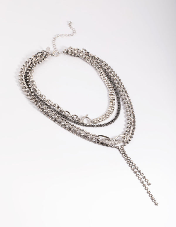 Rhodium Mixed Chain Layered Necklace