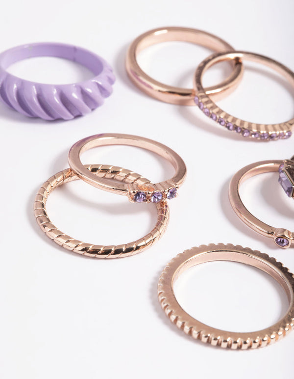 Rose Gold Diamante Crescent Ring Stack Pack
