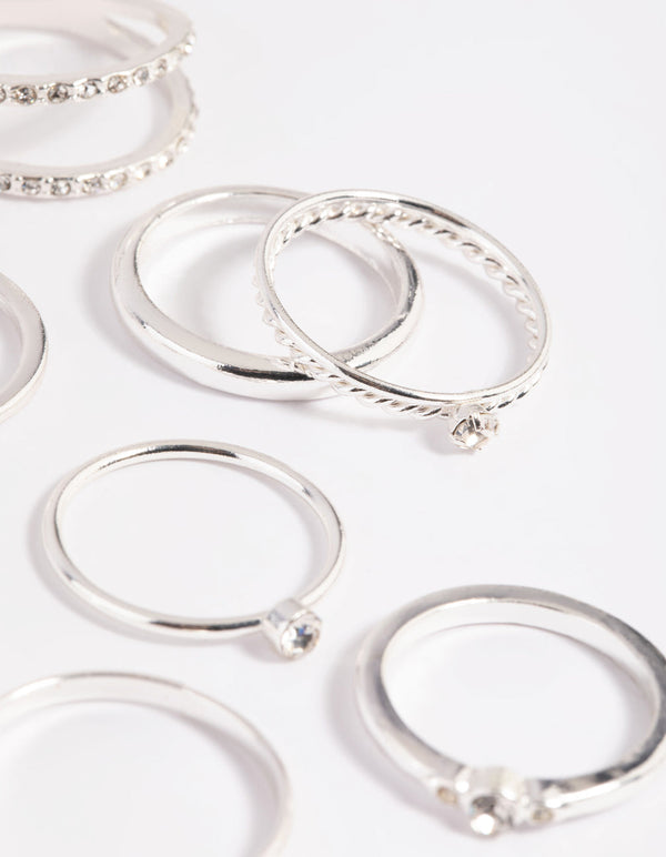 Silver Diamante Mixed Band Ring Stack Pack