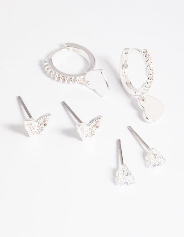 Silver Plated Butterfly and Heart Earring Stack Pack